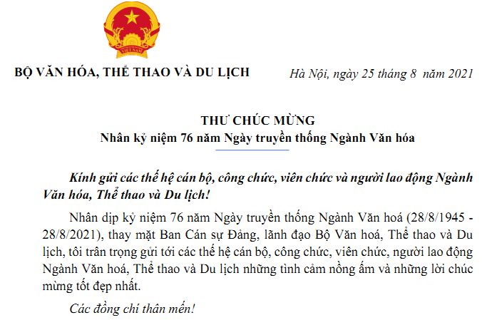 Thư của Bộ trưởng Nguyễn Văn Hùng nhân kỷ niệm 76 năm Ngày Văn hóa Việt Nam